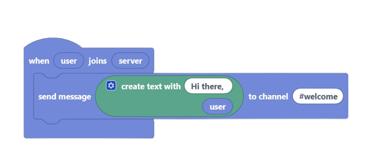 BotChemist script: when user joins server: send message "Hi there, [user]&quote; to channel "#welcome"